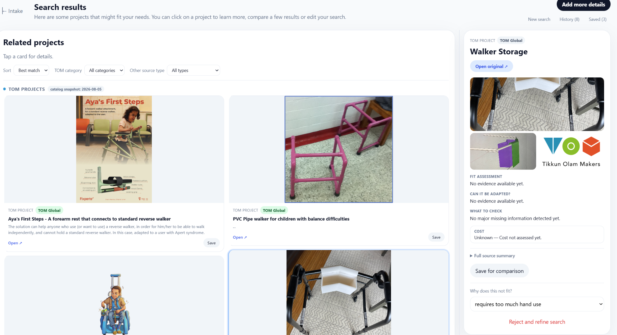 TOM multi-source assistive technology search results and candidate assessment